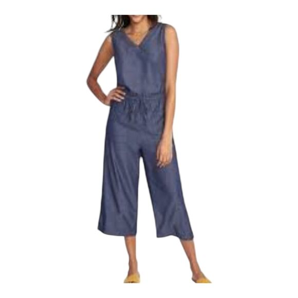 Waist Defined Utility Jumpsuit Old Navy Sleeveless Chambray V Neck Wide Leg L - Picture 2 of 16